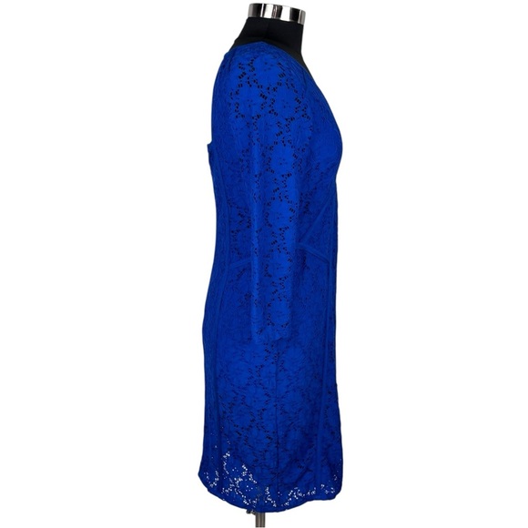 ADRIANNA PAPELL BLUE FLORAL LACE 3/4 SLEEVE STRETCH FITTED SHEATH COCKTAIL DRESS - Picture 5 of 15
